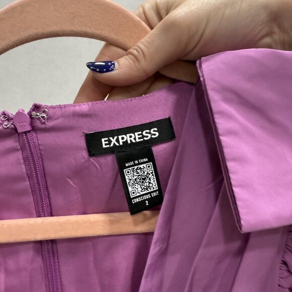 Express Romper Womens 2 Purple Puff Sleeve V Neck Mini Dress Conscious Edit - Picture 2 of 10